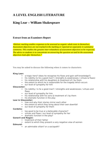 A LEVEL ENGLISH LITERATURE:  a bank of essay questions KING LEAR