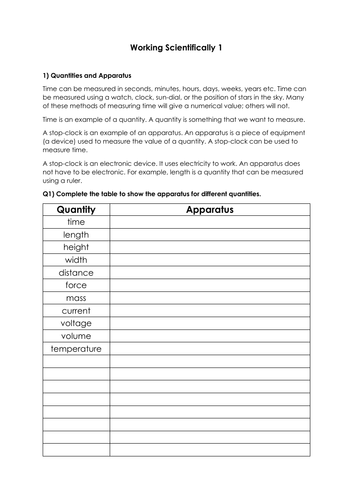 Worksheet Working Scientifically 1