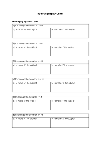 Worksheet Rearranging Equations (generic)