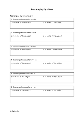 Worksheet Rearranging Equations (generic)