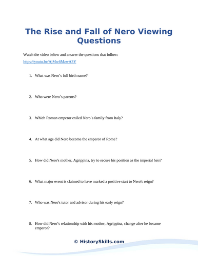 The Rise and Fall of Emperor Nero Video Viewing Questions Worksheet