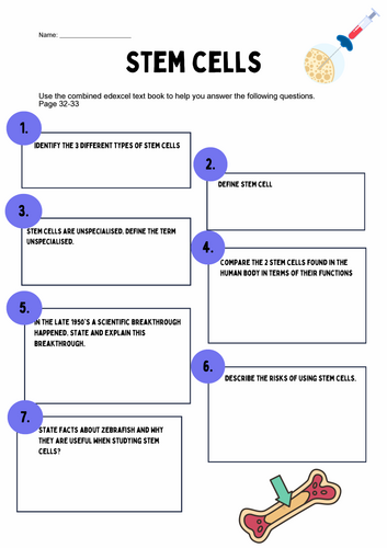 Stem cell worksheet with answer sheet