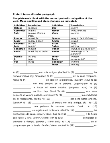 Preterit tense all verbs paragraph