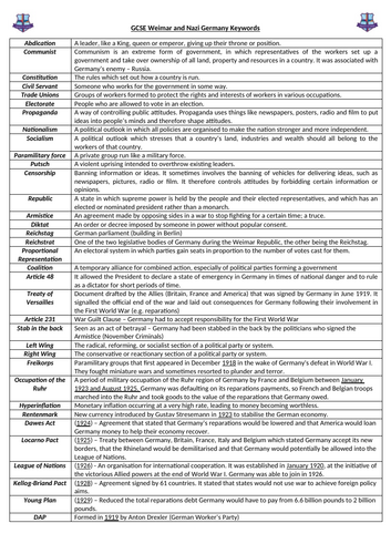 GCSE Edexcel Weimar and Nazi Germany Keywords