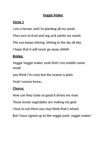 Harvest Song- Veggie Maker (To the tune of troublemaker)