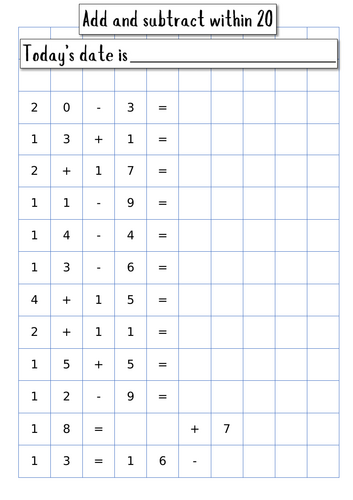 Add and subtract within 20 - Worksheet