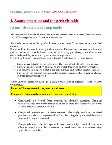 Atomic structure and periodic table for AQA GCSE Chemistry