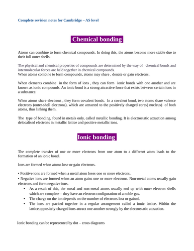 Bonding structure for AQA AS level chemistry