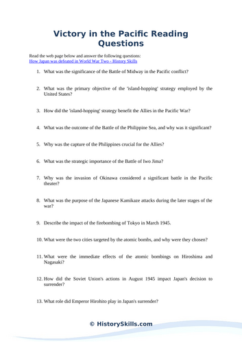 End of WWII in the Pacific Reading Questions Worksheet