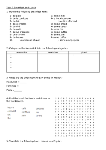 Year 7 - breakfast & lunch worksheet