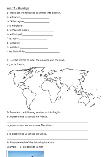 Year 7 - holidays worksheet - French