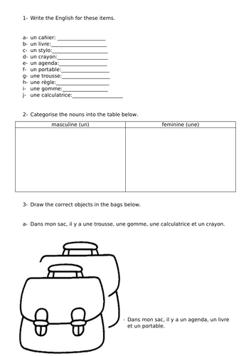 In my bag/In my pencil case - Year 7 worksheet - French