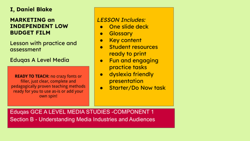 Marketing I, Daniel Blake EDUQAS Media A Level Complete Lesson and Practice