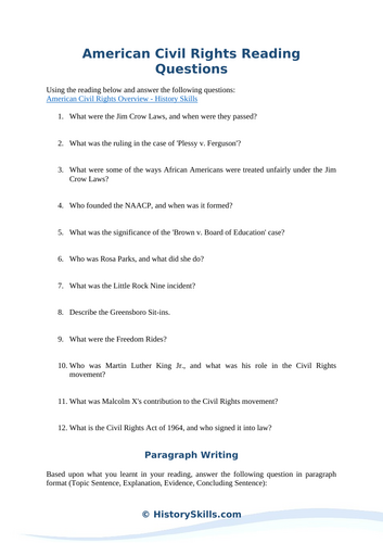 Key Figures in American Civil Rights Reading Questions Worksheet