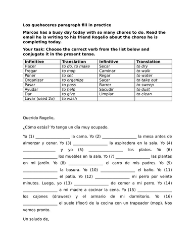 Los quehaceres paragraph fill in practice