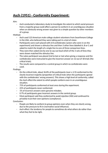 AQA ALEVEL PSYCHOLOGY - Social Influence: Asch (1951,1955) Conformity Experiment