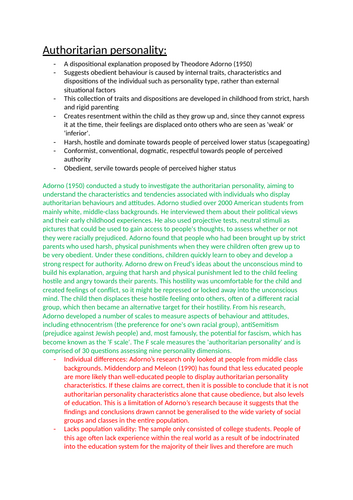 AQA ALEVEL PSYCHOLOGY - Social Influence: Authoritarian Personality