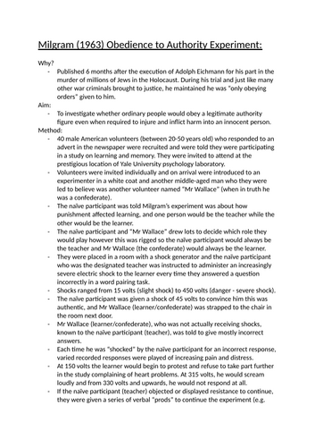 AQA ALEVEL PSYCHOLOGY - Social Influence: Milgram (1963) Obedience to Authority Experiment