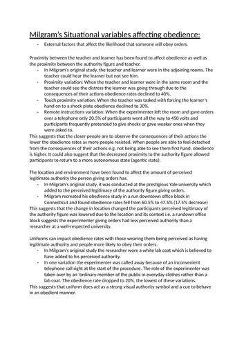 AQA ALEVEL PSYCHOLOGY - Social Influence: Milgram’s Situational Variables affecting obedience