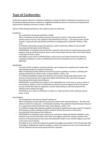 AQA ALEVEL PSYCHOLOGY - Social Influence: Types of Conformity