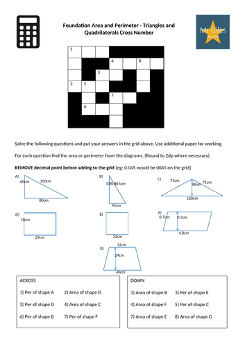 Foundation Area and Perimeter - Triangles and Quadrilaterals Cross Number