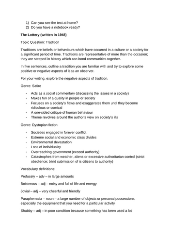 The Lottery by Shirley Jackson study guide