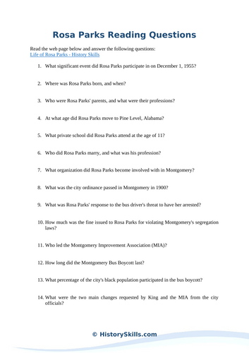 Rosa Parks Reading Questions Worksheet