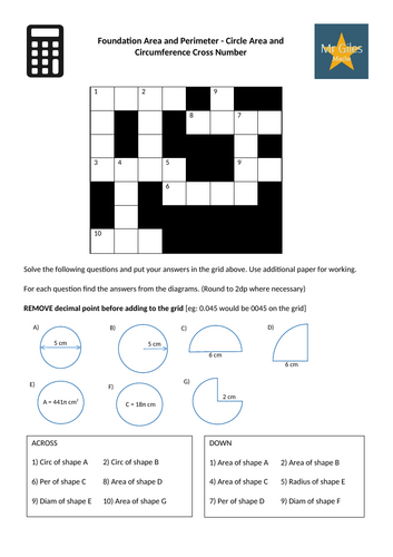 Foundation Area and Perimeter - Circles Area and Circumference Cross Number