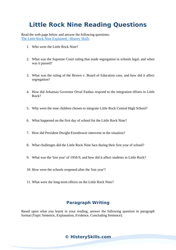 Little Rock Nine Reading Questions Worksheet