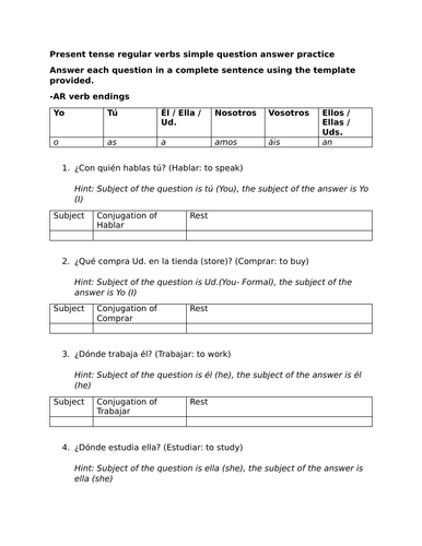 Present tense regular verbs simple question answer practice