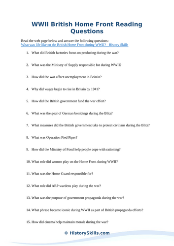 WWII British Home Front Reading Questions Worksheet