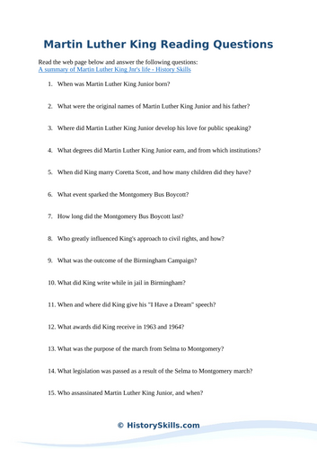 Martin Luther King Jr. Reading Questions Worksheet