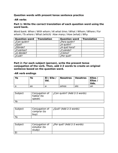 Question words with present tense sentence practice