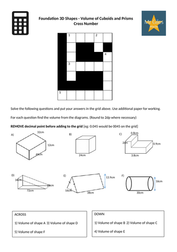 Foundation 3D Shapes - Volume of Cuboids and Prisms Cross Number