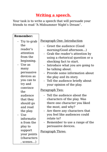 Writing a persuasive speech - Midsummer Nights Dream