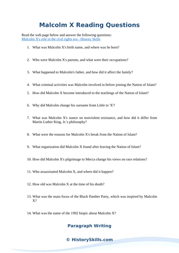 Malcolm X Reading Questions Worksheet