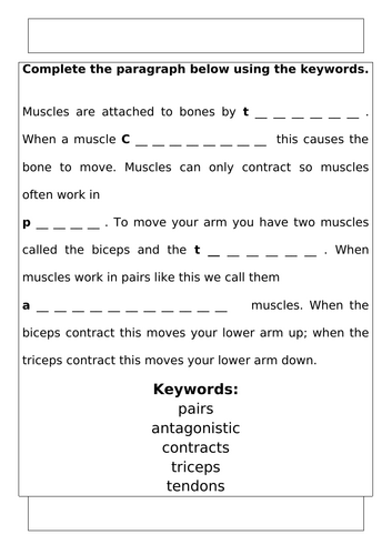 Year 7 - Living systems - L9 - Muscles worksheet  (SEN)