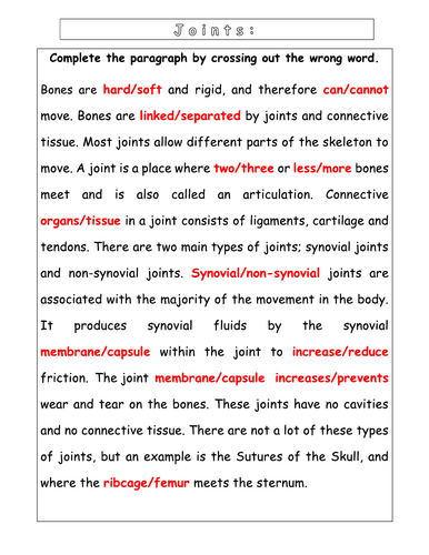 Year 7 - Living systems – L10 - Joints worksheet