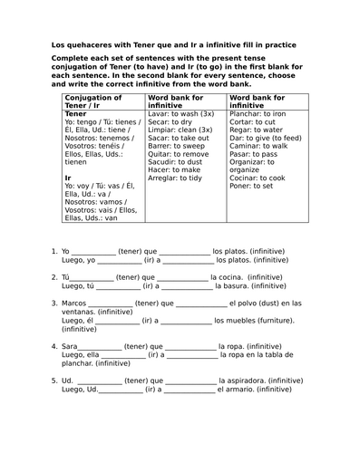 Los quehaceres with Tener que and Ir a infinitive fill in practice