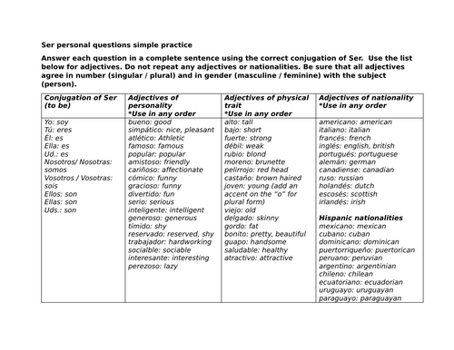 Ser personal questions simple practice