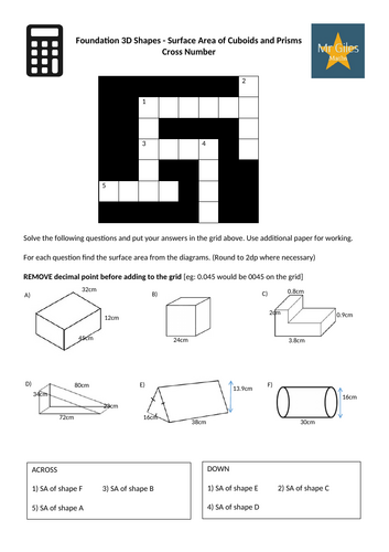 Foundation 3D Shapes - Surface Area of Cuboids and Prisms Cross Number