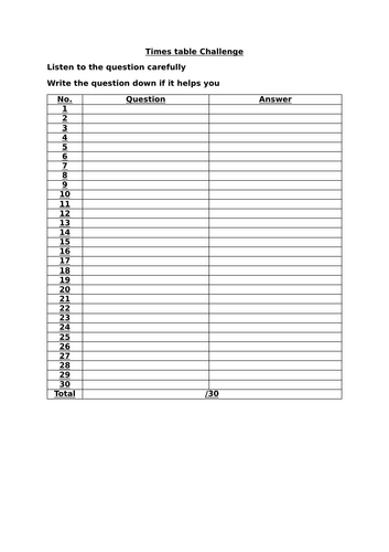 Year 3/4 Times table Challenge