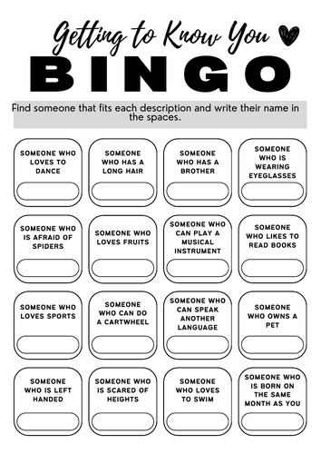 Get to know me bingo Ice breaker