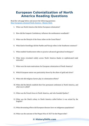 European Colonialization of North America Reading Questions Worksheet