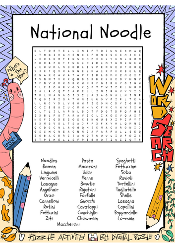 National Noodle Day word search puzzle worksheet activity