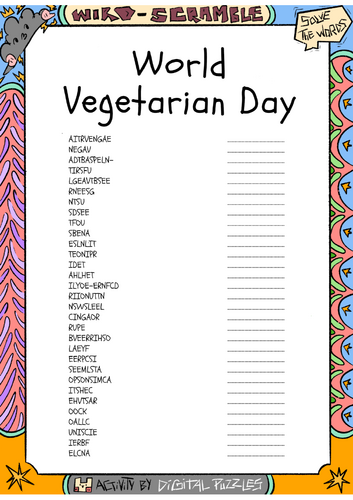 World Vegetarian Day word scramble puzzle worksheet activity