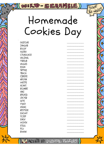 Homemade Cookies Day word scramble puzzle worksheet activity