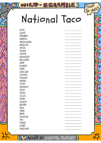 National Taco Day word scramble puzzle worksheet activity