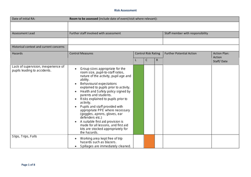 Design and Technology Example Risk Assessment