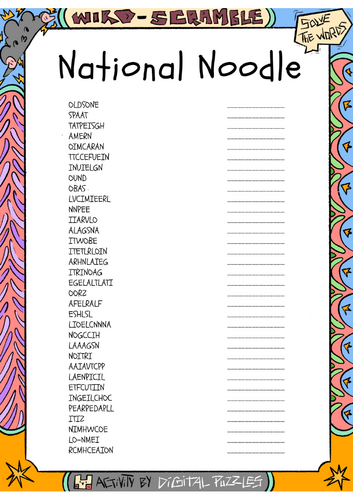 National Noodle Day word scramble puzzle worksheet activity